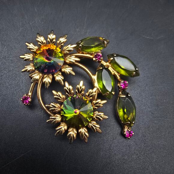 Vintage Watermelon Rivoli Rhinestone and Enamel Floral  Watermelon Rivoli Rhinestone Flower Brooch Pink Green Vintage Glam